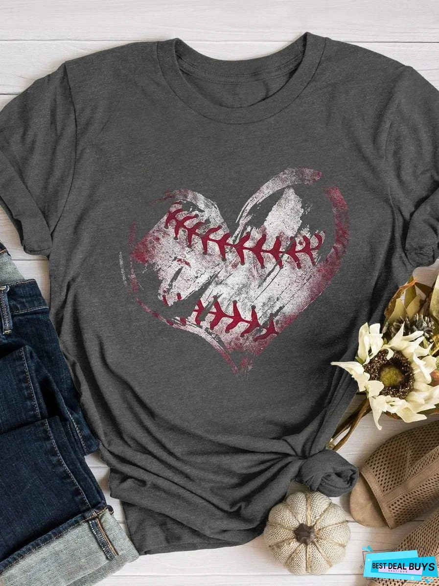 Retro Baseball Heart Print Short Sleeve T-shirt