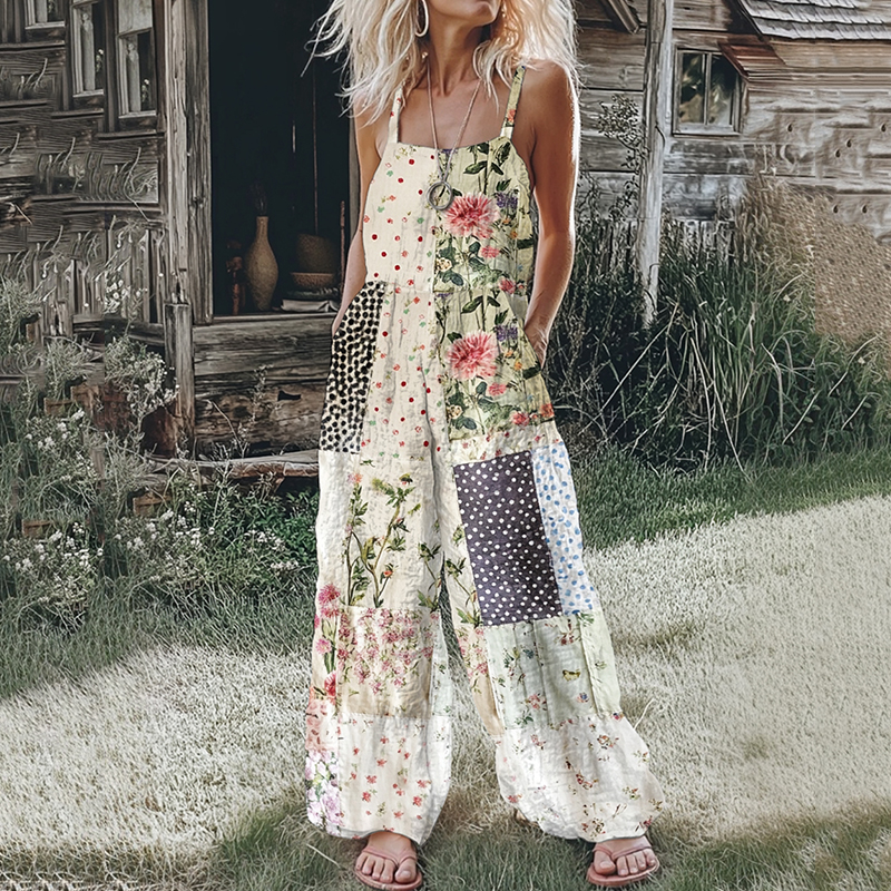 Comstylish Women's Farm Floral Patchwork Linen Print Jumpsuit
