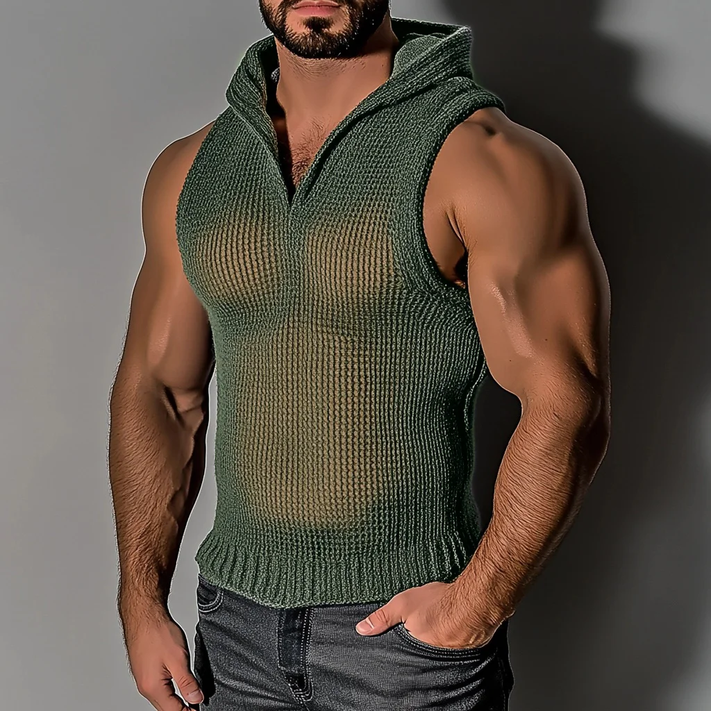 Men's Knitted Solid Color Outdoor Casual Sleeveless Hoodie-inspireuse