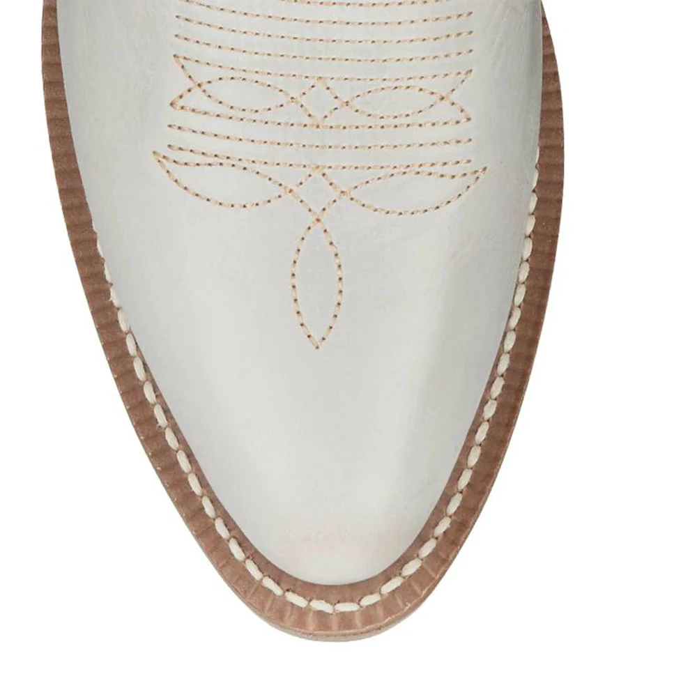 White Round Toe Chunky Heel Knee-High Cowgirl Boots with Embroidery