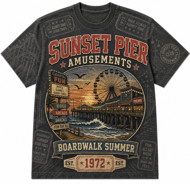 Surf Sunset Pier Cotton T-Shirt - Charcoal / Orange / Cream