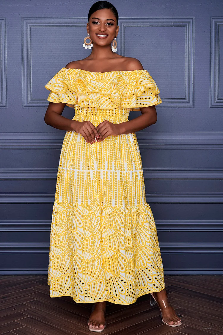 Xpluswear Design Plus Size Yellow Vacation Off The Shoulder Overlay Ruffle Lace Maxi Dresses 