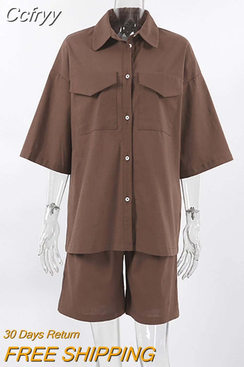 Huibahe Office Ladies Cotton Linen Sets Women 2 Piece Sets Summer 2023 Brown High Waist Shorts Suits Lapel Top Casual Outfit