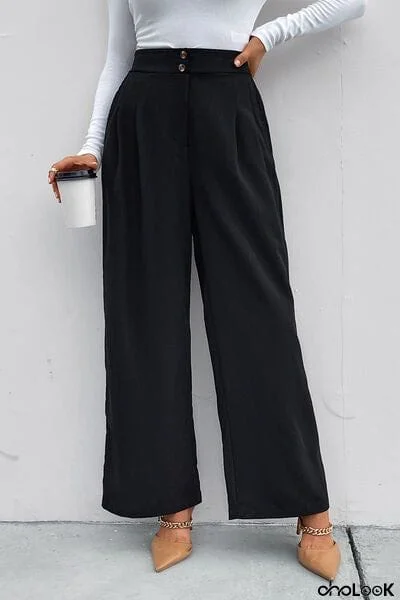 High Waist Ruched Pocketed Wide Leg Pants