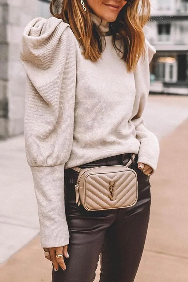 Womens Modern Stylish Cozy High Neck Irregular Pile Up Sleeves Knitted Sweater-Allyzone-Allyzone
