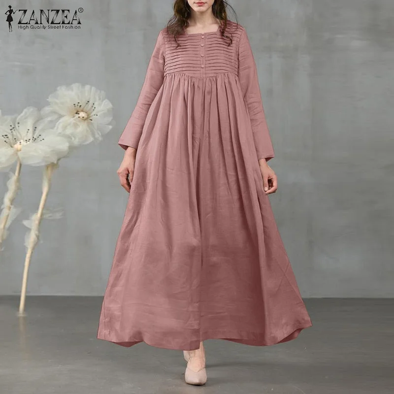 ZANZEA Spring Elegant Sundress Vintage Women Square Neck Long Sleeve Solid Long Dress Casual Pleated Party Vestido  7