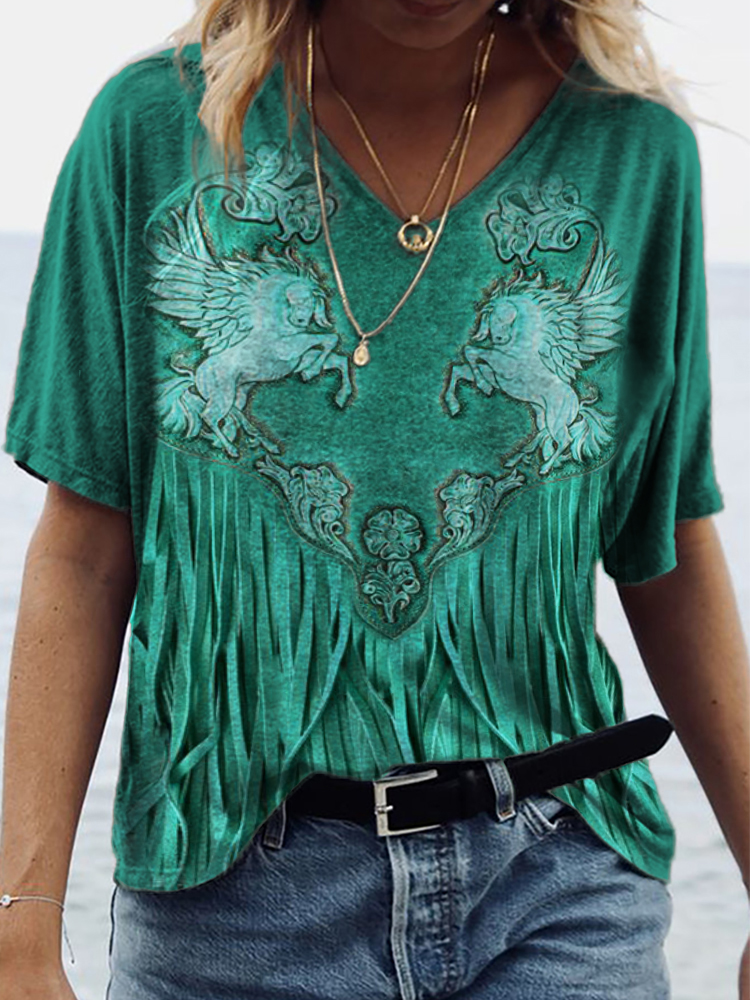 Horses Floral Carved Tassels V Neck T Shirt Westsshops