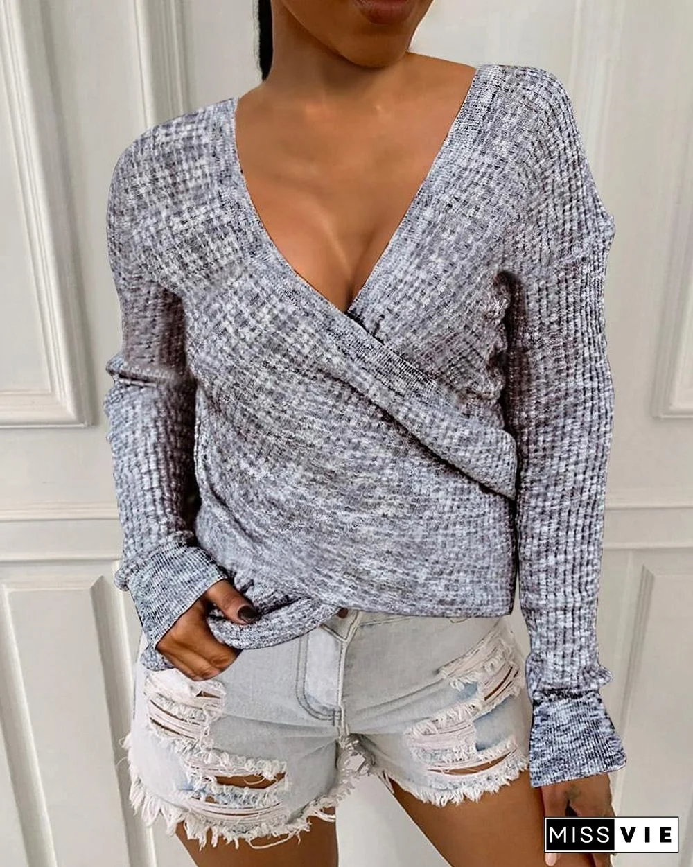 Long Sleeve Ribbed Surplice Casual Sweater P13329