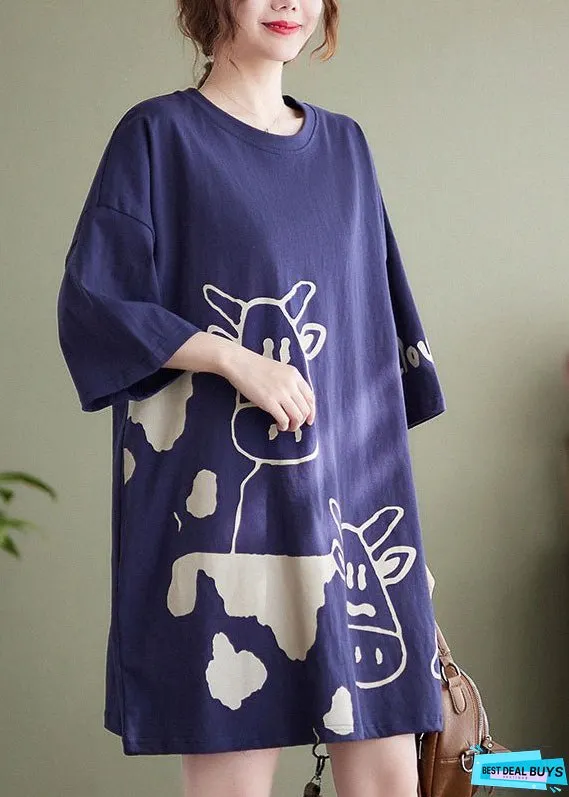 Plus Size Blue O-Neck Cow Print Cotton Vacation Dresses Short Sleeve