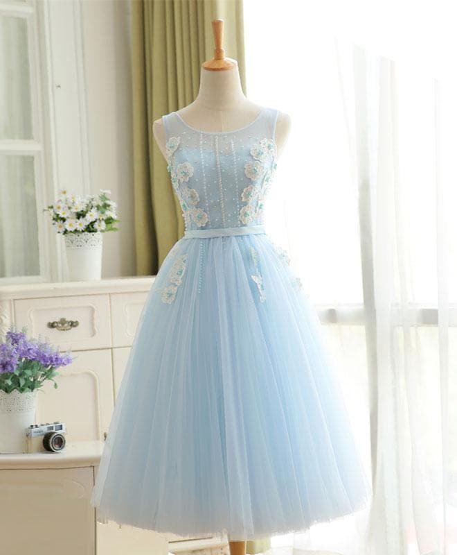 Cute Sky Blue Lace Tulle Short Prom Dress