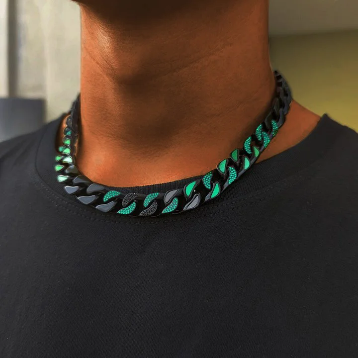 14MM Rhinestone Enamel Black&Green Cuban Chain Men Necklace