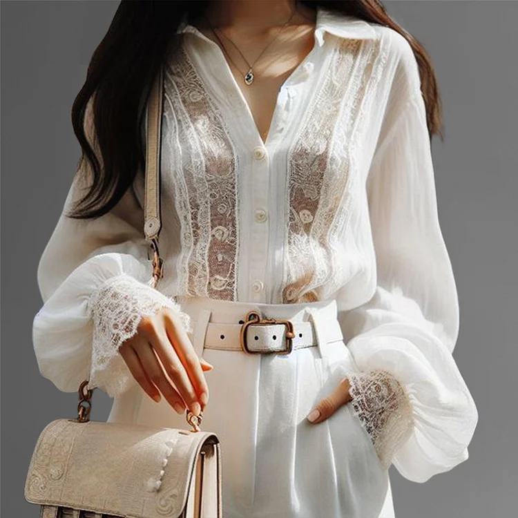 Elegant Hollow Lace Patchwork Lantern Sleeve Button Blouse
