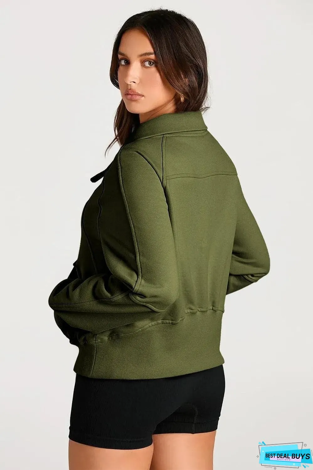 Moss Green Quarter Zip Stand Neck Kangaroo Pocket Sweatshirt
