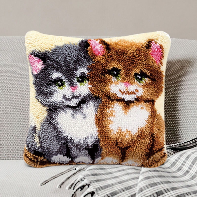 Two Kittens Cat Latch Hook Pillow Kit Hooked Cushion for Adult