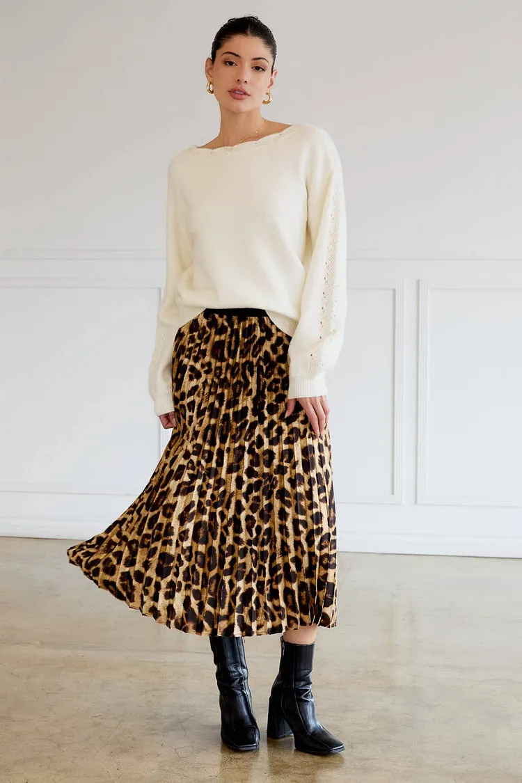 Animal Print Pleated Midi Skirt