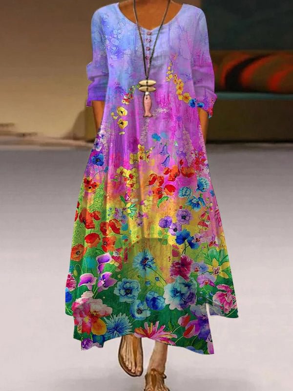 Colorful Floral Print Round Neck Long Sleeve Dress