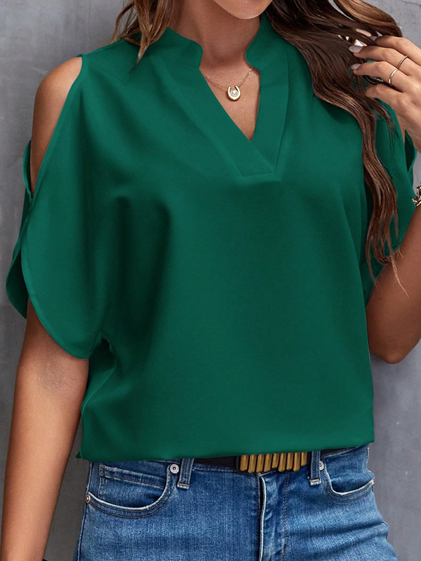 Solid Color Hollow Loose Half Sleeves V-neck T-Shirts Tops GREEN-L