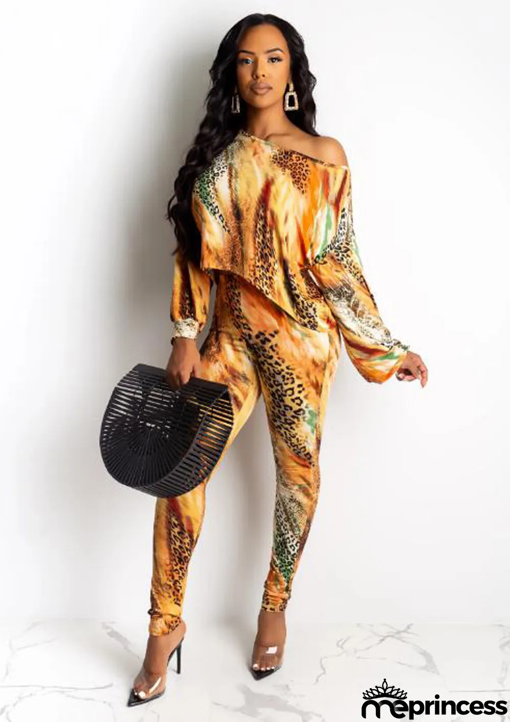 Tie Dye Leopard Off Shoulder Two Piece Sets