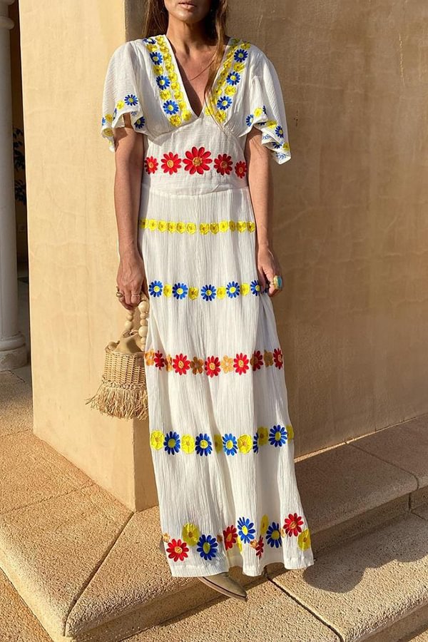 Boho Floral Print Ruffle Sleeve Maxi Dress