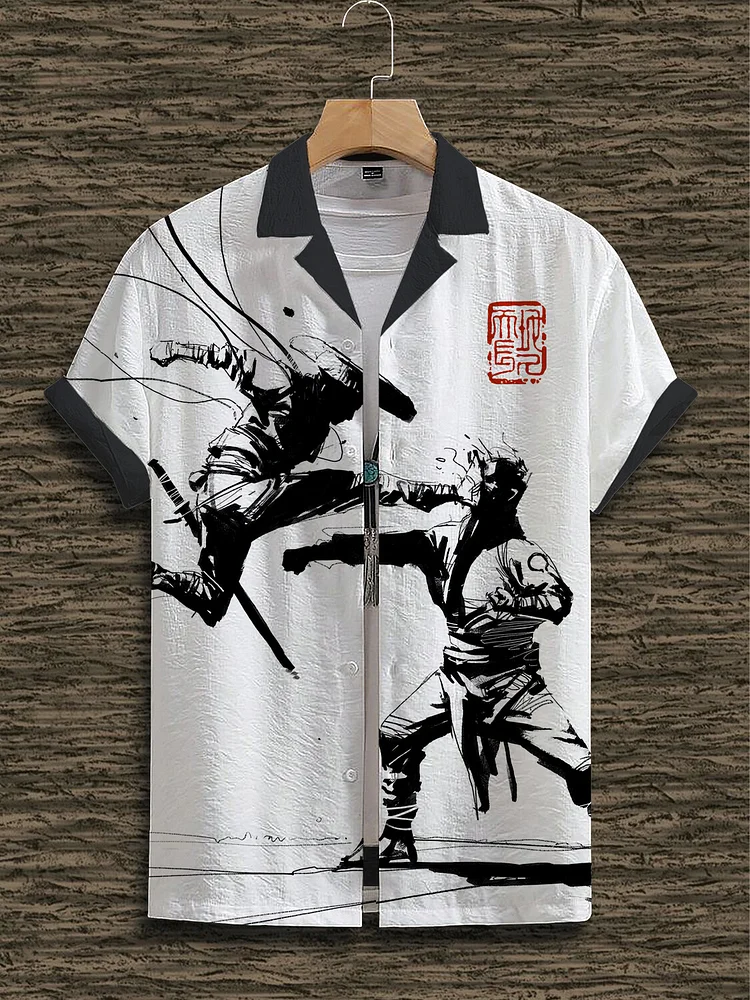 Men's Two Warriors Fighting Art Print Short Sleeve Shirt