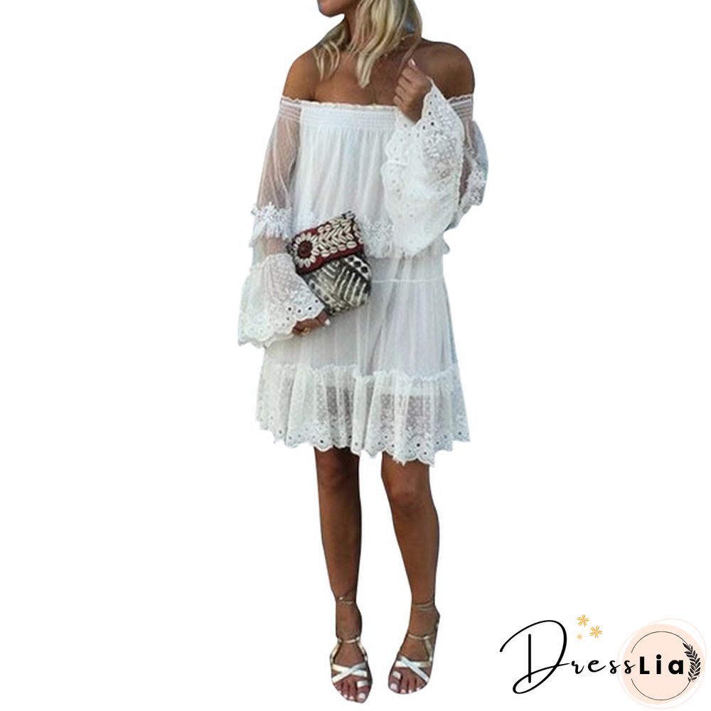 Damen Langarm Off Shoulder Kleid Ballkleid Lace Prom Sexy Holiday Strandkleid