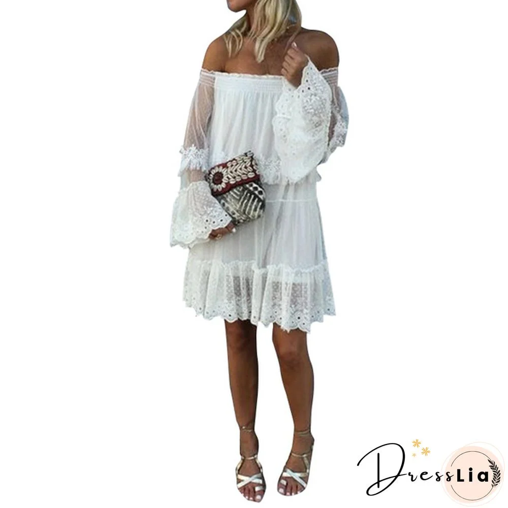 Damen Langarm Off Shoulder Kleid Ballkleid Lace Prom Sexy Holiday Strandkleid