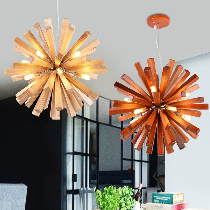 Nordic Wood Chandelier Dandelion-Shaped Pendants Lights For Bedroom