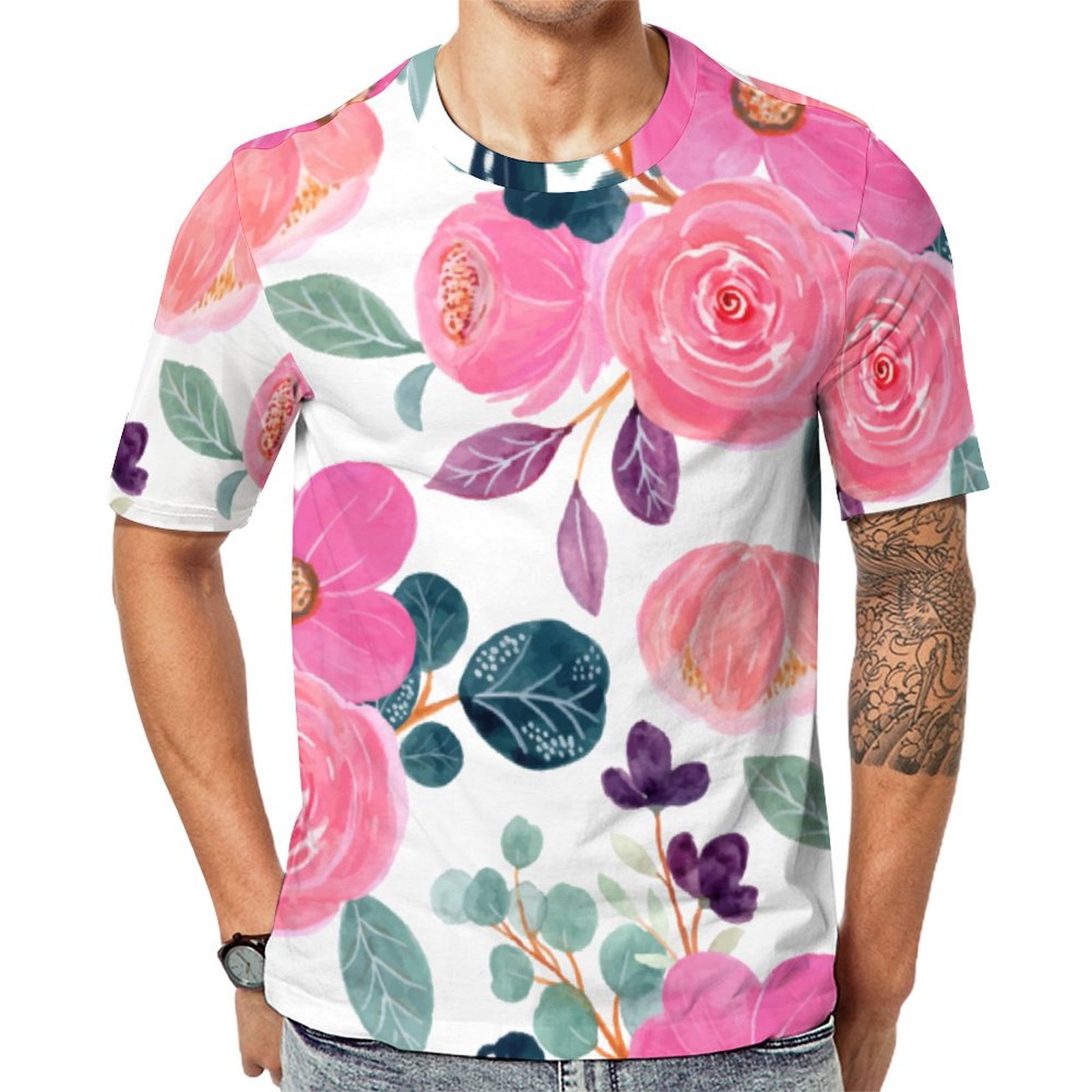 Minimalist Pink Rose Floral Watercolor Short Sleeve Print Unisex Tshirt Summer Casual Tees for Men and Women Coolcoshirts