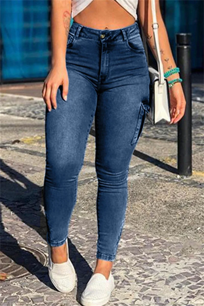 Dark Blue Fashion Casual Solid Split Joint High Waist Denim Jeans