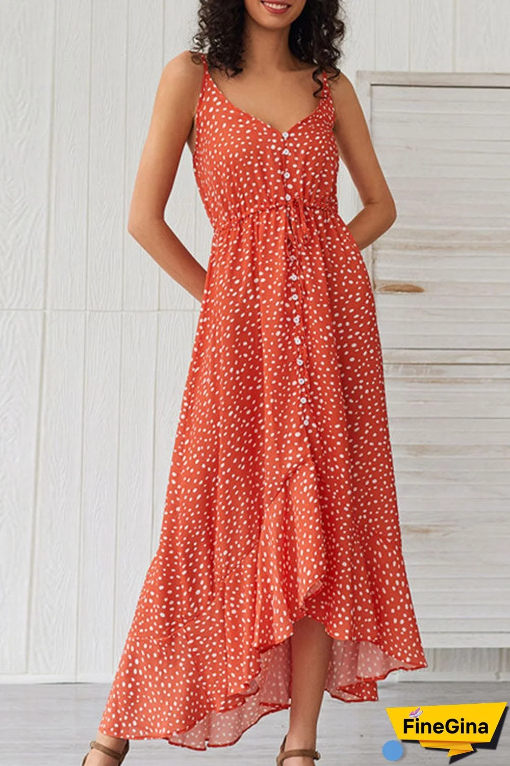 Polka Dot Spaghetti Straps Ruffled Dress
