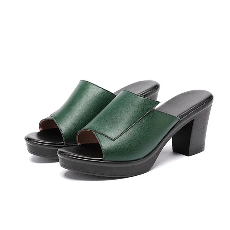 Yyvonne Women's Slippers 2023 Ladies Summer Genuine Leather Slides Square Shoes High Heels Platform Patchwork Sewing Fashion