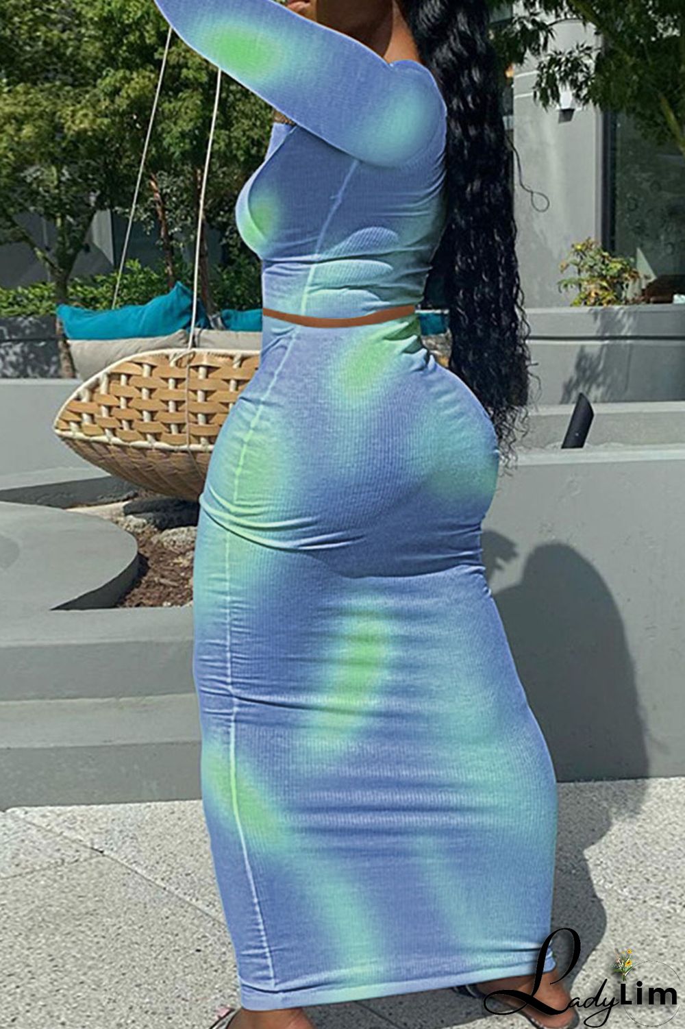 Lake Green Sexy Print Patchwork O Neck Long Sleeve Two Pieces