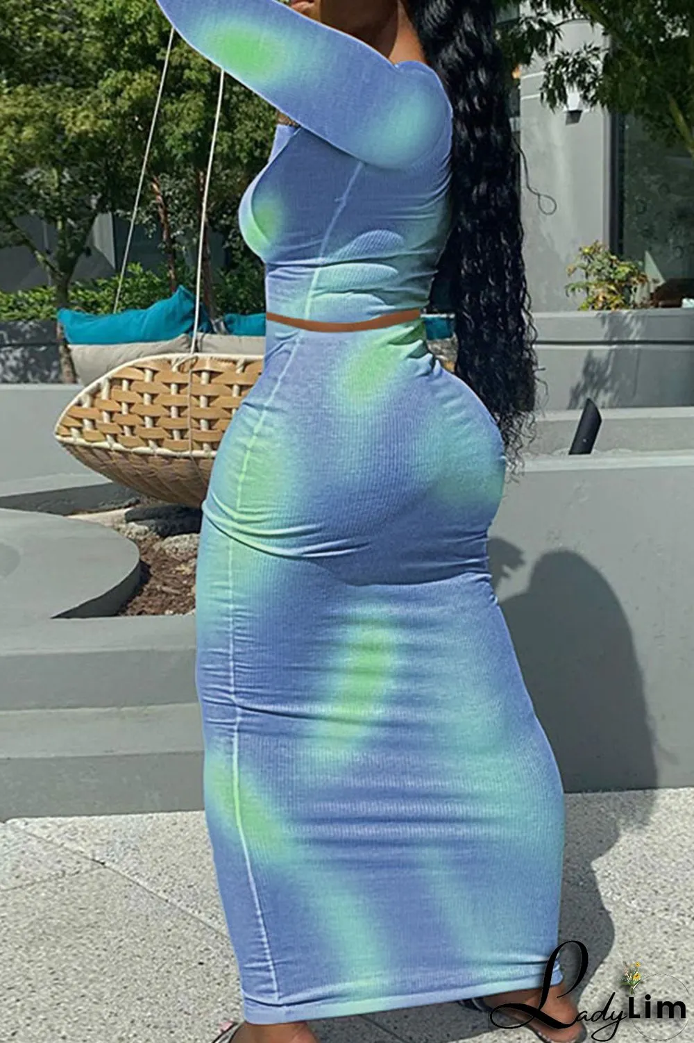 Lake Green Sexy Print Patchwork O Neck Long Sleeve Two Pieces