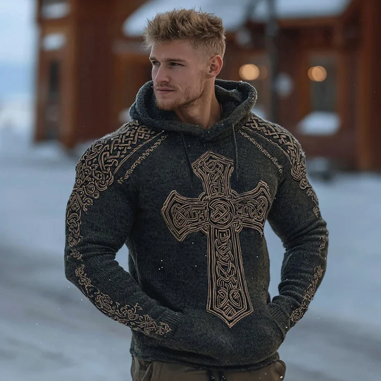 Men's Retro Celtic Knot And Cross Pattern Comfortable Hooded Sweater