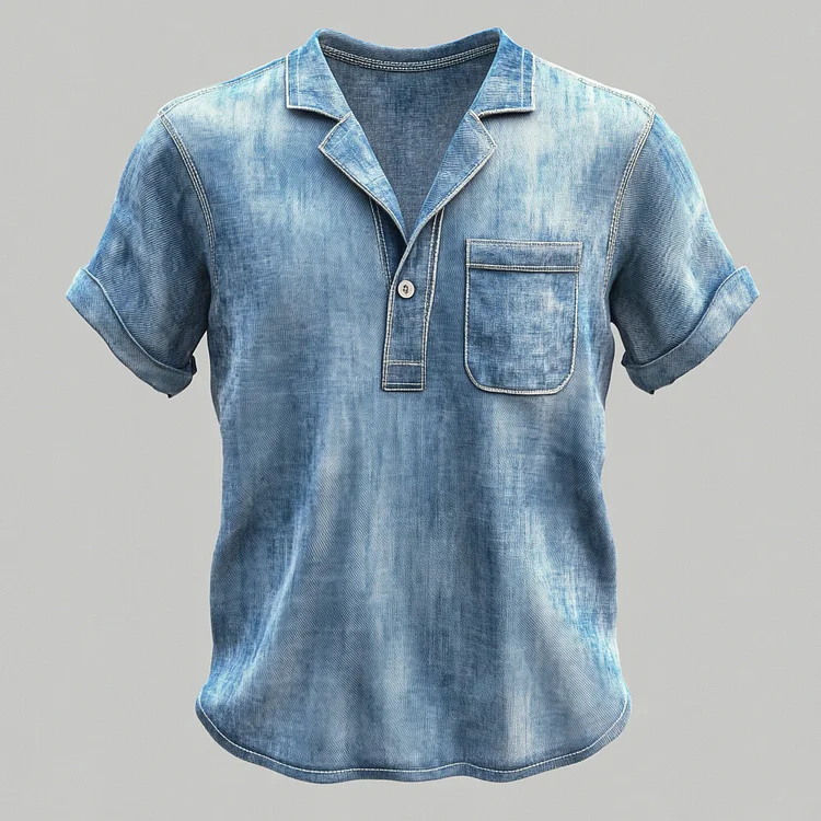 Men's Notch Lapel Half Button Chest Pocket Short Sleeve Denim Shirt