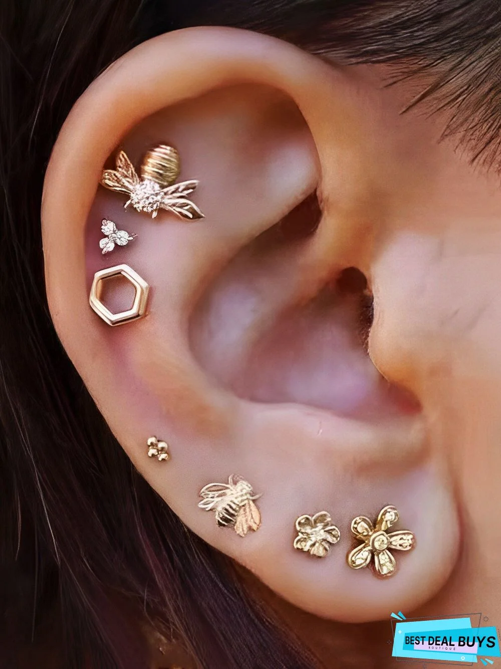 7Pcs Casual Diamond Bee Geometric Flower Pattern Stud Earrings Set Boho Holiday Daily Jewelry