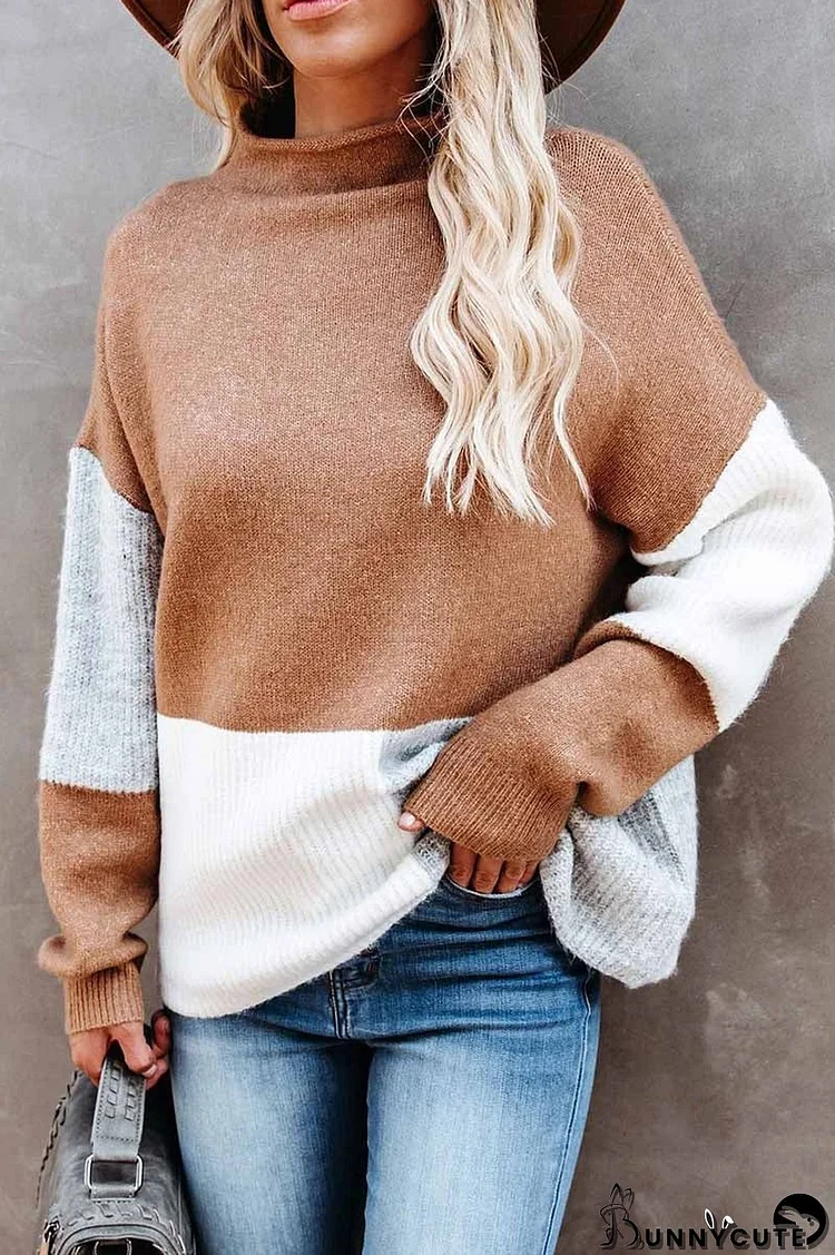 Contrasting Color High Neck Knitted Sweater