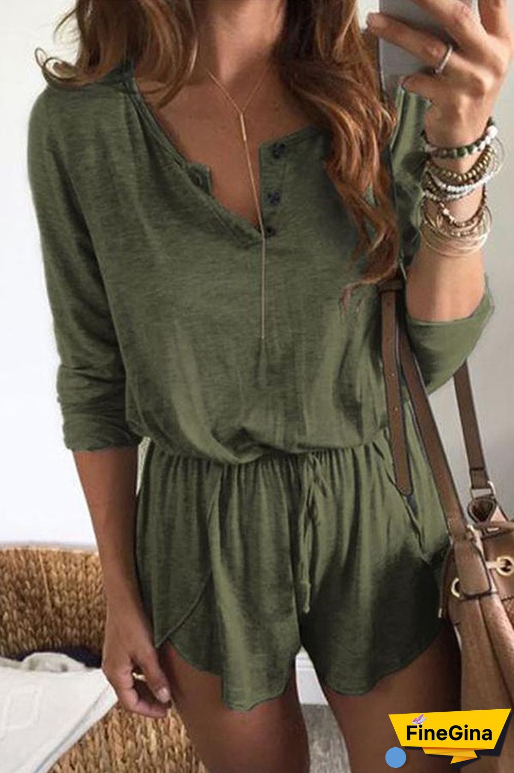 Solid Color Long Sleeve Tie Waist Romper P15011