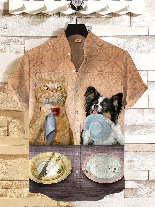 Men's Greedy Cat And Dog Print Casual Linen Blend Shirt