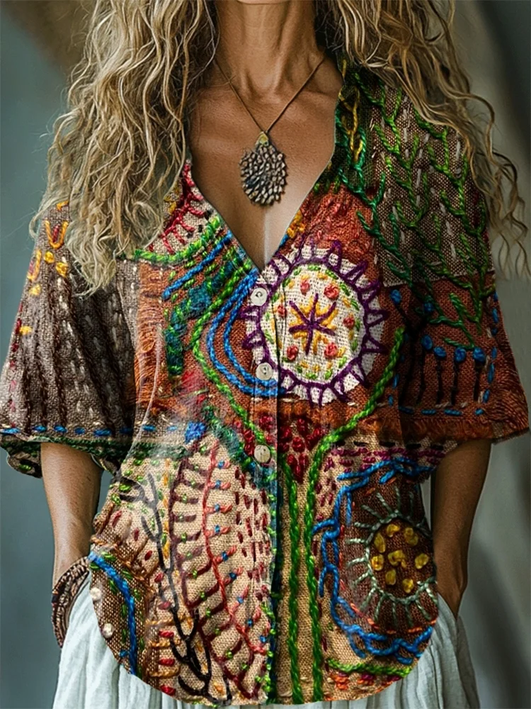 Women's Vintage Ethnic Textured Art Print Casual Button-Down Shirt