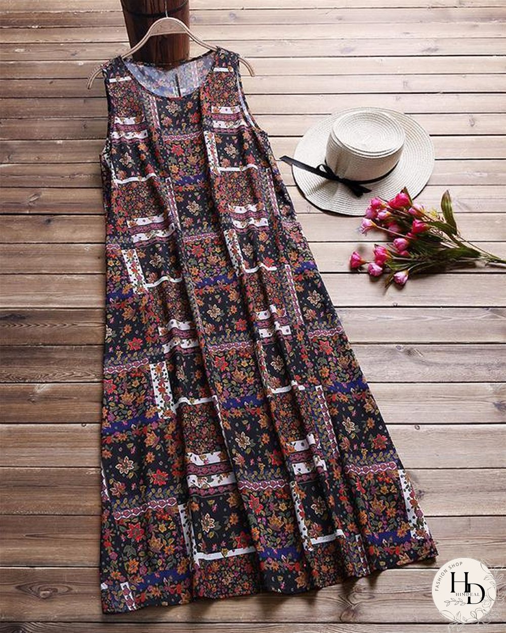 Bohemian Print Sleeveless Summer Plus Size Maxi Dress