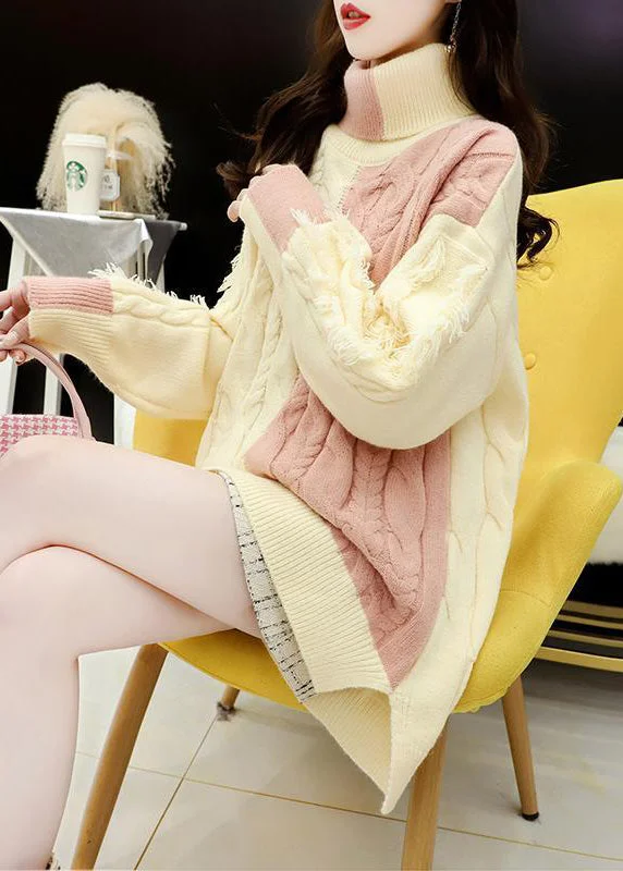 Beige Thick Patchwork Cable Knit Sweaters Hign Neck Spring