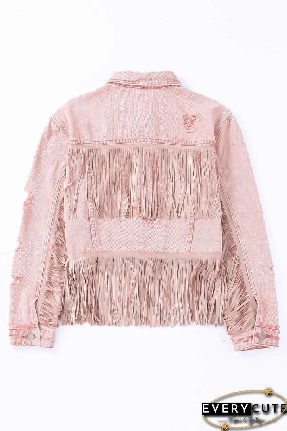 Pink Distressed Fringed Cropped Denim Jacket