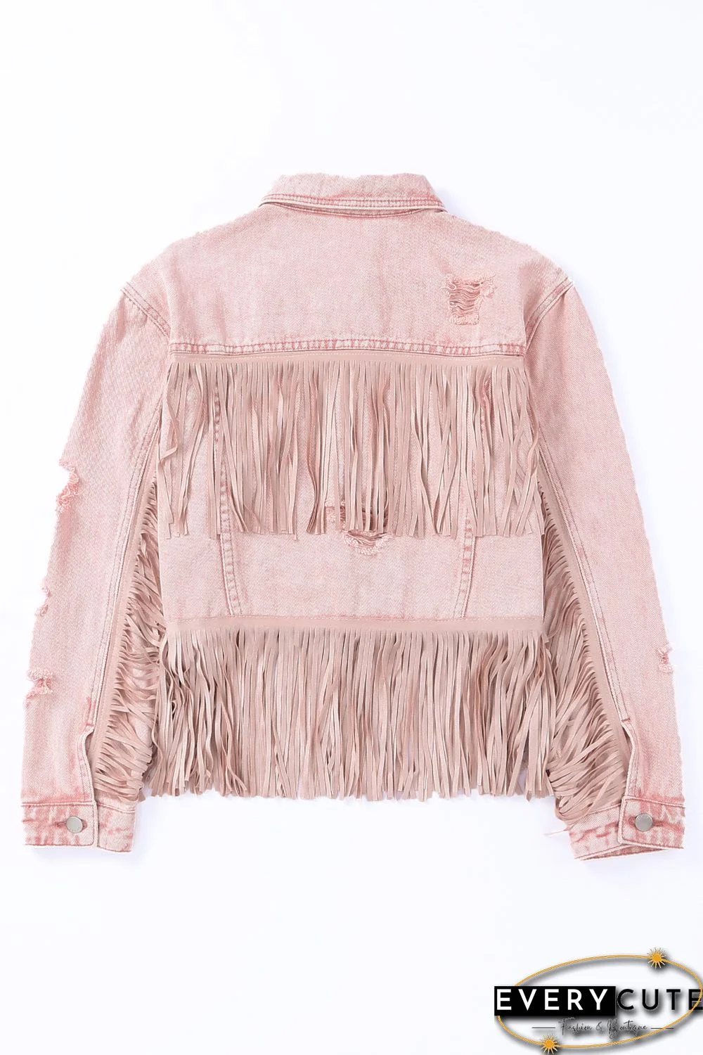 Pink Distressed Fringed Cropped Denim Jacket