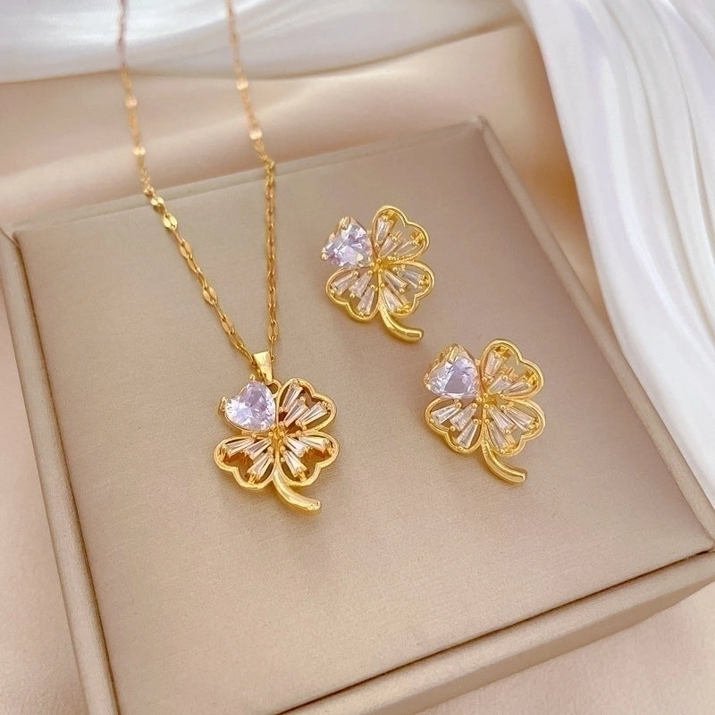 Copper Minimalist Plating Inlay Rhombus Bow Knot Zircon Jewelry Set