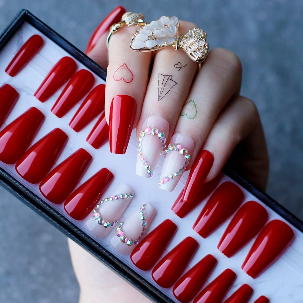 Manual phototherapy glitter Ombre Red Coffin Fasle nails Clear sparkle gel  Fake nails Gift box Reusable high quality-Nail Inspo