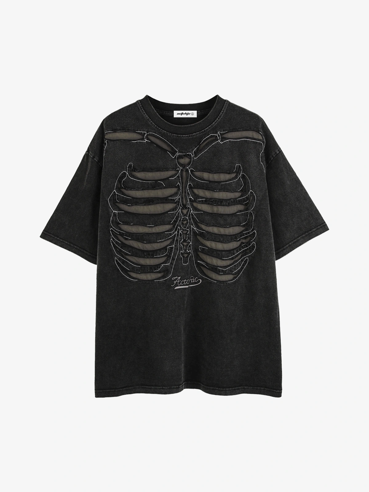 Black Actchic Washed Skeleton Appliqué Embroidered Tee Front