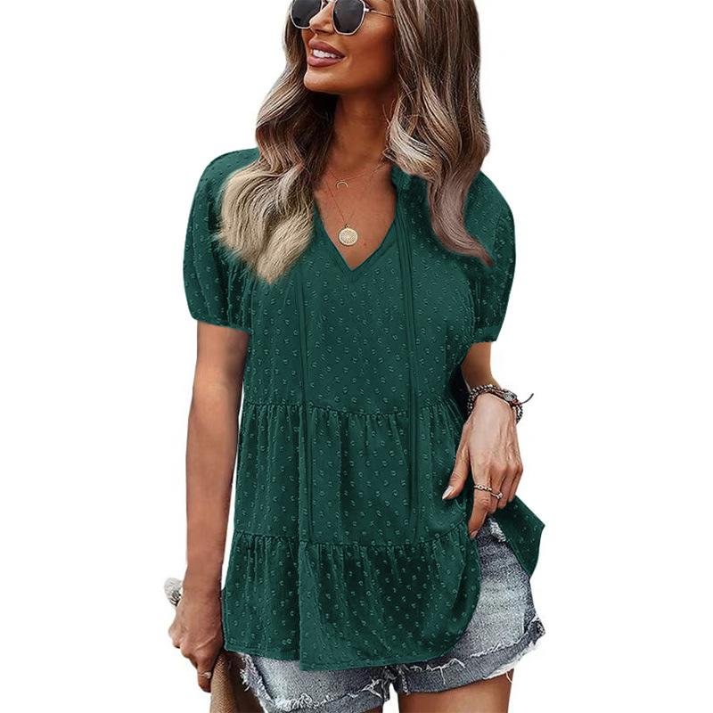 Summer Solid Blouses For Women Fashion V Neck Plus Size Elegant Casual Shirts Tops Ladies Loose Short Sleeve Chiffon Blouse 2022