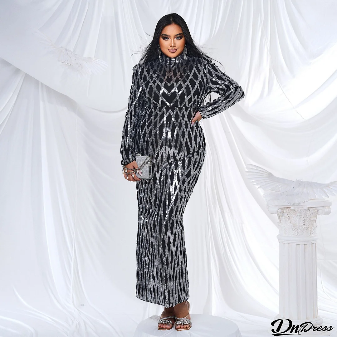 Plus Size Women Long Sleeve Round Neck Formal Party Sequined Fishtail Maxi Evening Dress