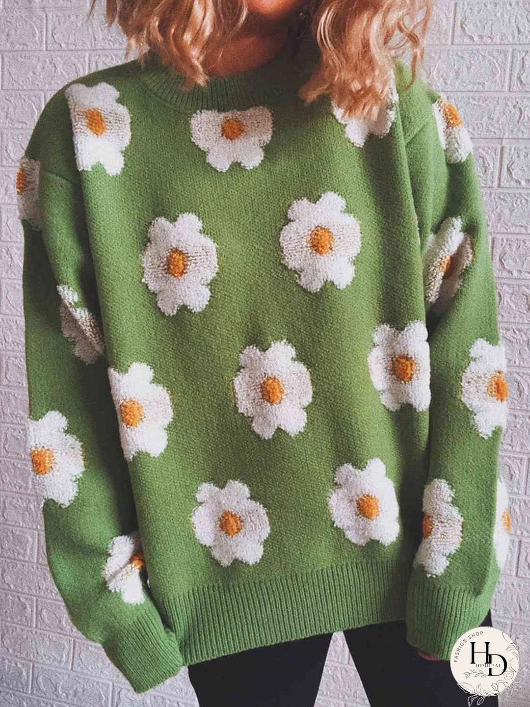 Flower Round Neck Long Sleeve Sweater